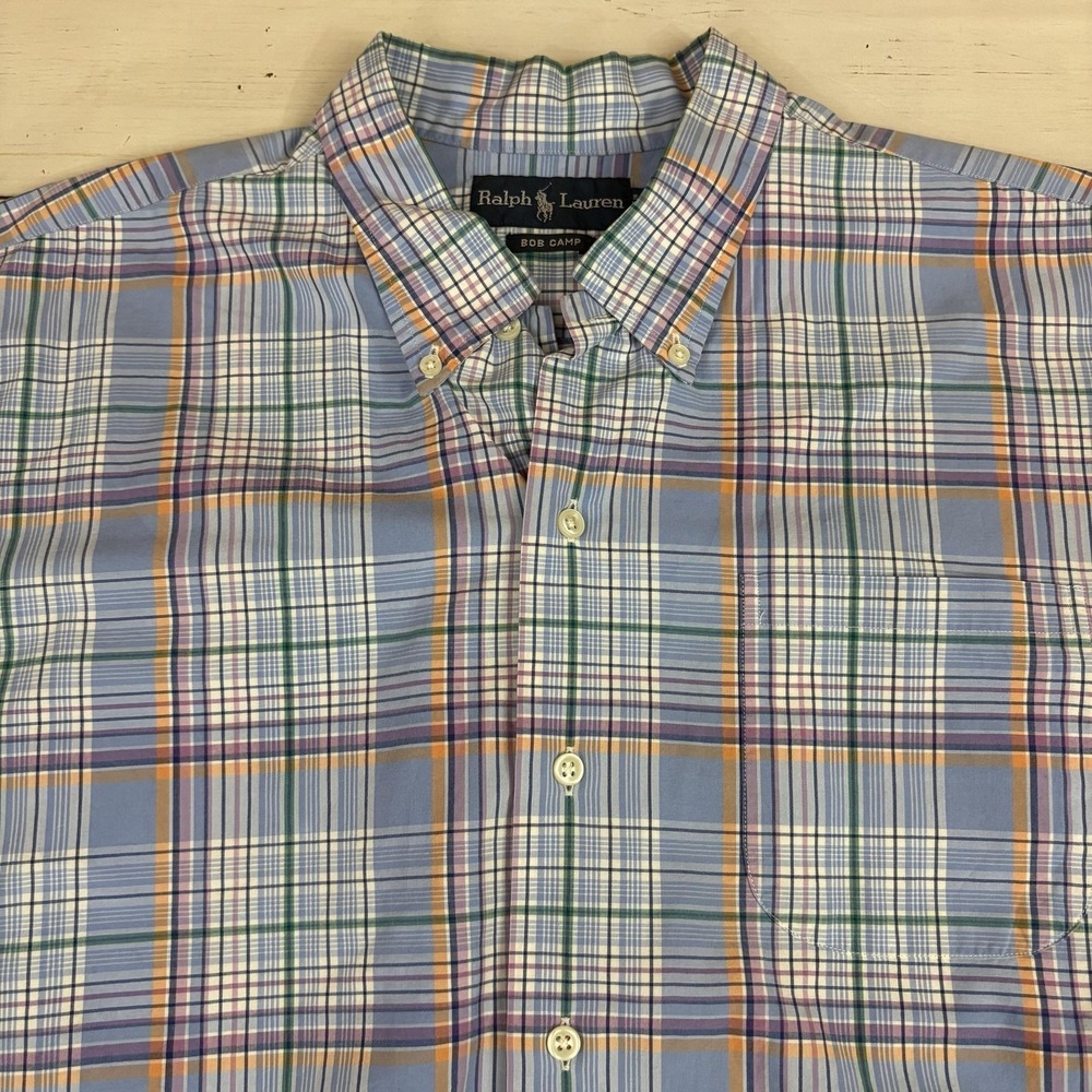 Ralph Lauren Bob Camp Plaid Shirt Mens L Blue Short Sleeve Button-Up Casual